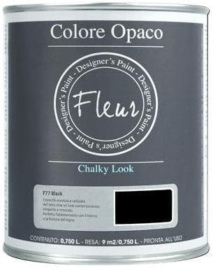 FLEUR DESIGNER'S PAINT | Pittura Chalk Paint Opaca, 750 ml, Senza Carteggiare, Multisuperficie, Colore F77 Black, Effetto Gesso, Per Pareti e Mobili, Extra Opaco, Ad Acqua, Made in Italy