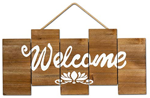 levandeo Cartel Welcome Madera 50 x 23 cm – Placa Decorativa de Pared (Placa para Puerta Bienvenido Cartel de Madera marrón hängeschild – Cuadro de Flor de Lotus