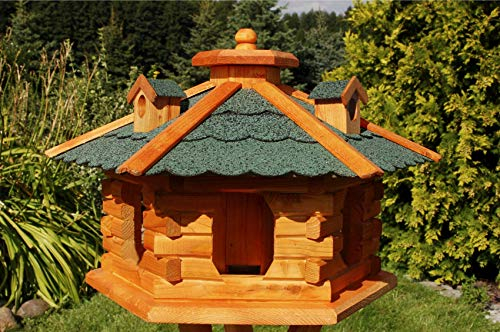 Deko-Shop-Hannusch XXL Vogelhäuschen, Vogelhaus mit Bitumschindeln, behandelt, Futtervogelhaus, Verschiedene Dachfarben sowie Vogelhausständer wählbar (grün)