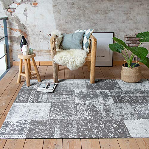 FRAAI | Home & Living Teppich Patchwork - Dreams Grau - Baumwolle - Flachgewebe - Vintage, Patchwork - Wohnzimmer, Esszimmer, Schlafzimmer - Carpet