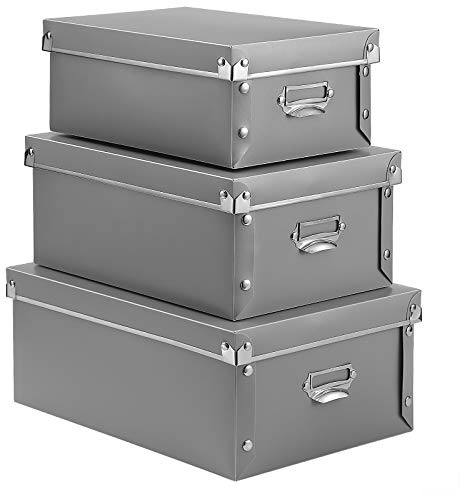 SEEKIND Storage Box, Decorative Storage Bins with Lid,3 in 1 Set,Plastic,with Handles,Press-Stud Fastening,Moisture-Proof,Foldable for Space Saving Storage,for Clothes, Cosmetic,Blankets (Grey) …