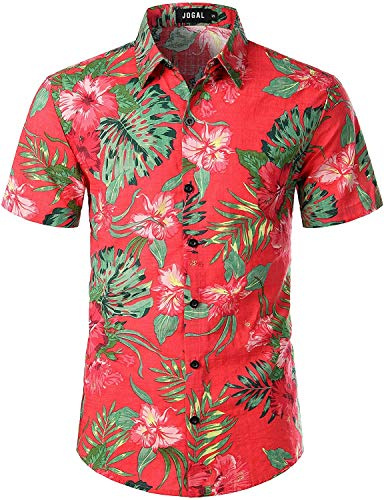 JOGAL Men's Hawaiian Shirt Short Sleeve Button Down Shirt CoralRed S