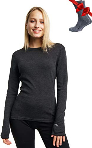 Merino.tech Merino Wool Base Layer Womens — 100% Merino Wool Long Sleeve Thermal Shirts Heavyweight, Midweight, Lite + Wool Socks (Small, Charcoal Grey 250)