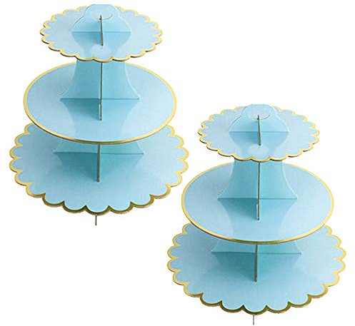 YAVO-EU 2 Pezzi Alzata per Cupcake Cartone 3 Piani, Supporti per Cupcake Supporto per Dessert Torte per Baby Shower, Compleanni, Feste (Blue)