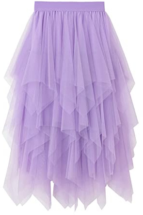SotRong tutu/tyllkjol för kvinnor med elastisk hög midja, lager, nät, balett, bröllopsfest, bal, midi, A-linje, veckad, vadlång kjol, g-lila, en storlek