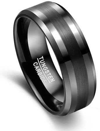 Vakki 8mm Wolfram Ring für Herren, Gebürstete Mitte, Schwarze Ringe für Hochzeit und Alltag, Bequeme Passform, Abgeschrägte Kanten, Größe 60(19.1)