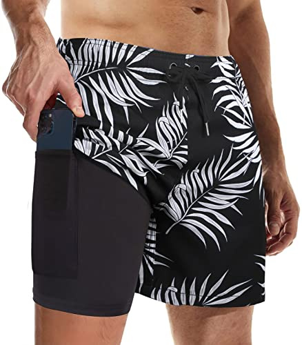 Suwangi Badbyxor med kompression för män, badshorts, 2 i 1, ventilerande, snabbtorkande, elastiska och justerbara surfshorts