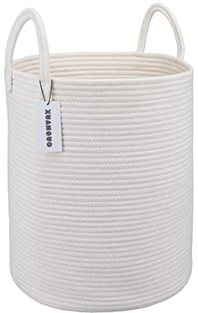 XUANGUO Cotton Rope Laundry Basket Hamper for Clothes Decorative Woven Storage Basket for Living Room Bedroom Boho Tall Rope Baskets for Blanket Toys Baby Nursery Hamper Bin Large white