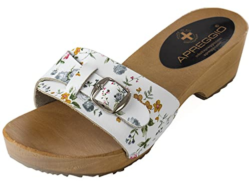 APREGGIO - Sandalias Tacón Alto Mujer - Zuecos Madera Piel Verano - Hechos a Mano - Tacones Altos - Punta Abierta - Flores Blancas - Talla 37 EU