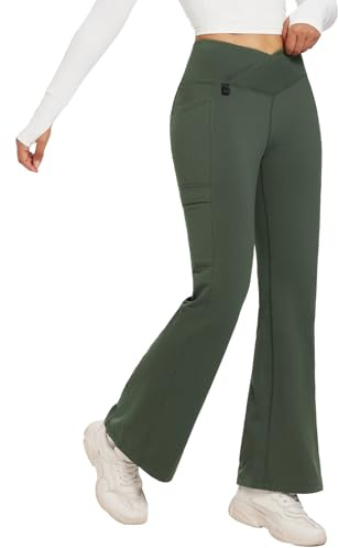 baleaf Termobyxor, dam, termoleggings med fickor, vandringsbyxor, vattenavvisande, bootcut, leggings, utsvängda byxor, varma vinterbyxor, XS-2XL, Grön, XS