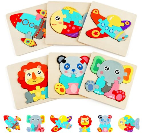 HOTUT Wooden Jigsaw Puzzles for Toddlers, 6 Pcs 3D Animal Puzzle Toy Babies Games, Animal Puzzle Jigsaw Set Early Learning Baby Kids Educational Toys Gifts for Learning Animals