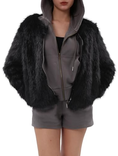Amazhiyu Manteau d'hiver en fausse fourrure à manches longues avec fermeture éclair et col rond pour femme, cardigan chaud en peluche avec poche, Noir , XL