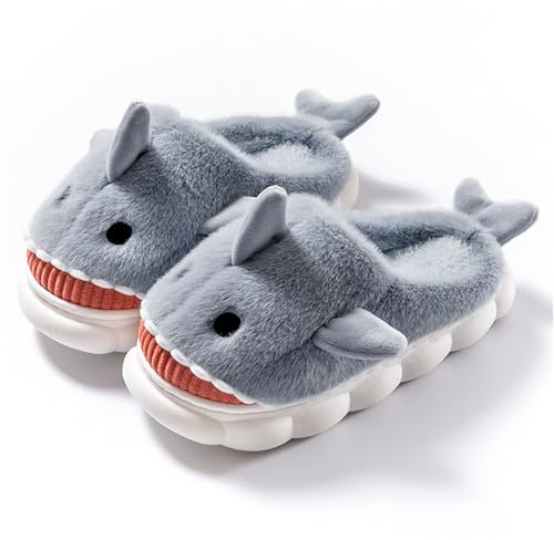 dressfan Chaussons de Requin Peluche,3D Animaux Pantoufles de Requin Chaude,Silencieux épais Doux Antidérapant Mémoire Mousse Intérieur/Extérieur,Chaussons Drôle pour Femmes Hommes,Gris,EU 36-38