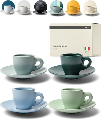 KIVY Juego de tazas de café expreso [4 x 75 ml] – tazas de espresso con platillos, hechas a mano, de pared gruesa, tazas italianas de espresso – tazas de espresso de gres de pared gruesa – verde y