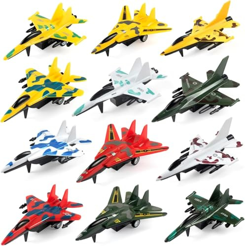 Pull-Back Airplane Toys (12 Pack), Fighter Jet Toy Playset, Airplane Party Favors for Kids, Plane-Themed Gifts for 3-9 Year Old Boys and Girls