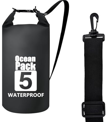 Dry Bag Wasserdichte Tasche, 5L Wasserdichter Drybag, Wasserfester Packsack mit Verstellbarer Schulterriemen, Wasserfester Beutel & Packsack, Ideal für Boot, Kajak, Angeln und Camping, Schwarz
