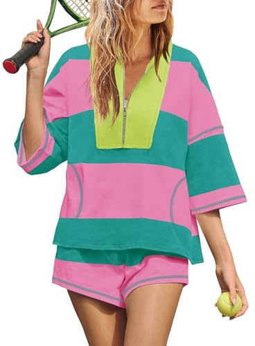 Yanekop Set da 2 pezzi da donna estivo a righe lounge set due pezzi abbinati set da allenamento oversize corti tute, Small