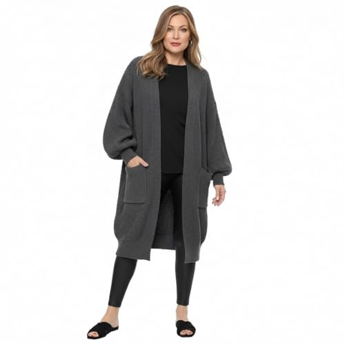 LUXFAB Women's Oversized Balloon Sleeve Long Chunky Ribbed Open Knitted Maxi Jumper, 2 Pocket Cardigan Boyfriend Sweater Top UK Sizes 8-22