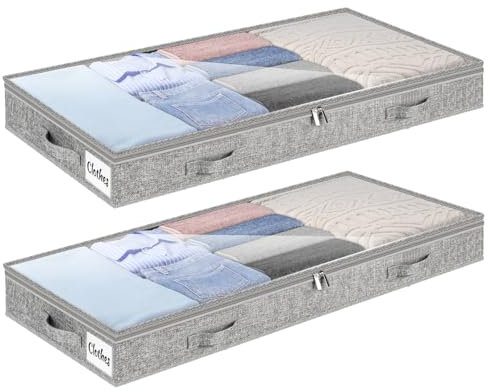 Underbed Storage Bags 2 Pack, 10cm Tall Large Under Bed Storage Box with zip, Foldable Shallow Wardrobe Storage Organiser with Clear Window & Reinforced Handle for Clothes, Blankets, Shoes, Bedding