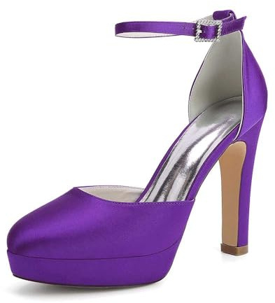 KYEGLO Zapatos De Tacón Alto De Satén para Mujer, con Puntera Redonda Y Cerrada, con Correa En El Tobillo, Zapatos De Novia para Bodas, Bailes De Fin De Curso Y Fiestas De Baile.