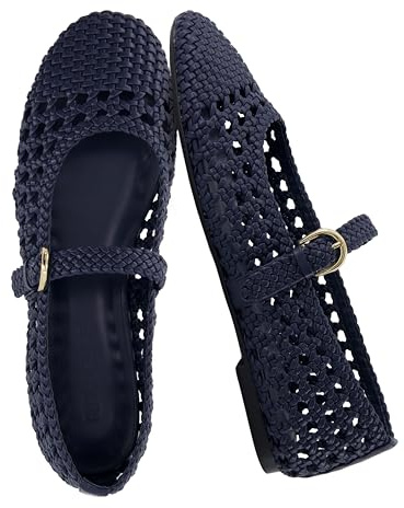 CUSHIONAIRE Windsor Woven Womens Flats with Adjustable Strap – Comfortable Mary Jane Ballet Flats for Women, Navy 8