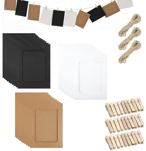 HaploS 30 Cornici di Carta, Mini Cornice di Carta per Foto, 11,5 x 15,5 cm, con Mollette di Legno, Piccola e Corda di Canapa, per Casa Scuola Ufficio Parete DIY Sospesa Decorazione (3 Colori)