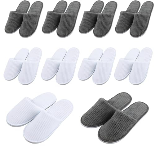 GOEDCH 10 paia di pantofole in pile corallo: pantofole spa bianche e grigie, in pile corallo, pantofole per ospiti in velluto di cotone lavabili, unisex, per il benessere, i viaggi, il bagno