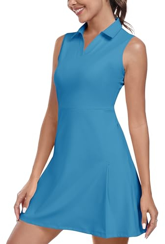 MoFiz Donna Abito da Tennis Senza Maniche con Pantaloncini Scollo a V Estivo Polo-Vestito Golf Sportivo Dress con Tasche a Zip Blu-Lago EU M