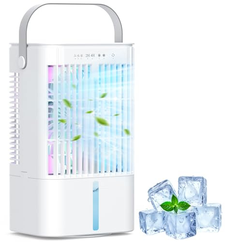 Mowend Mini condizionatore portatile 3 in 1, piccolo refrigeratore d'aria portatile con serbatoio dell'acqua da 1200 ml, 3 livelli di velocità, 2 modalità di nebbia fredda, 7 colori con timer 2/4 ore