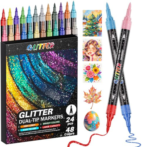 48 Couleurs 24 PCS Feutre Paillette,Double Pointe pour Dessin,Scrapbooking | Embout de brosse Encre a sechage rapide Paillette Non toxique Coloration, Dessin, Scrapbooking, Carte Cadeau