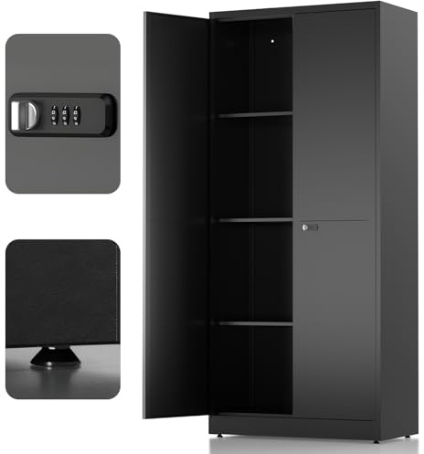 LHForgetech Meuble de Rangement Bureau, Armoire Métallique, Armoire a Outils, Etageres Reglables, en Acier, Placard, Doubles Portes, pour Garage, Bureau,Cuisine, Atelier, 40 x 80 x 180 cm, Noir