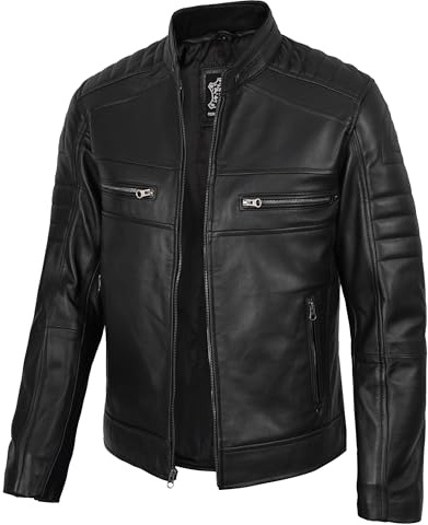 fjackets Cafe Racer Leather Jacket Men - Austin black motorcycle jacket For Men | [1100073] M