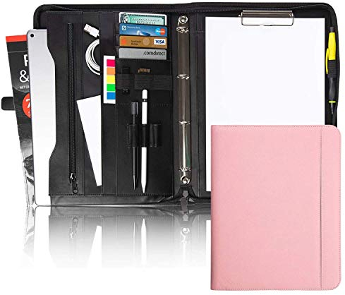 Vebon® Schreibmappe Ringbuch A4 Berlin I Reißverschluss + Klemmbrett I Konferenzmappe + Laptoptasche I extra Stauraum I Rosa I Kunstleder