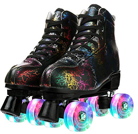 Unisex Roller Skates Double Raw Four Wheels Classic High-top PU Leather Lighting Roller Skates Shoes for Beginner Womens Mens Boys Girls Indoor and Outdoor (Lightning black flash wheel,40)
