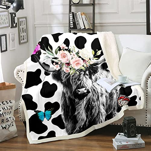 Hochlandvieh Überwurfdecke Kinder Kuh Plüschdecke 229 x 229 cm Western Cowboy Tier Fleecedecke für Jungen Mädchen Teenager Schlafzimmer Wohnzimmer Deko Decke Bull Cattle Schmetterling Sherpa Decke