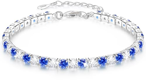 Armband Damen: Tennis Fusskette Silber 925, 9.5in+2in, 4MM CZ, Blau