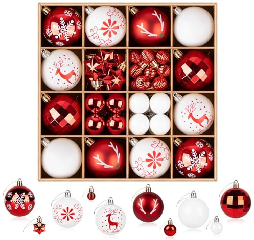 ilauke 60Pcs Christmas Baubles Set, Red & White Christmas Balls Shatterproof, Xmas Tree Ornaments, Hanging Decorations for Xmas, Wedding, Party, Home Decor, 6cm&3cm