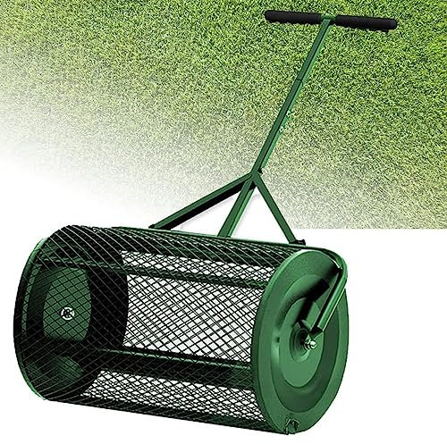 Esparcidor de abono de 24 pulgadas, esparcidor de turba con mango mejorado en forma de T para plantar y sembrar, esparcidor de malla metálica duradero para el cuidado del césped y el jardín, esparcid