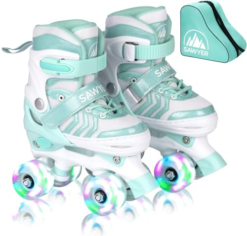 Sawyer Bikes - Patines Ajustables 4 Ruedas LED - Tallas 23 a 38 (Menta, S (27-30))
