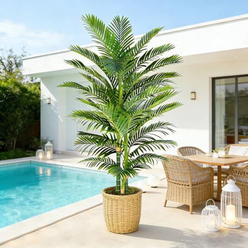 Artificial Palm Tree Indoor Plant 6FT Tall Fake Tropical Palm Tree in Pot with Real Bark Design Faux Areca Palm Tree for Home Office Living Room Bedroom Farmhouse Modern Outdoor Decor (22 leaves 6 FT)