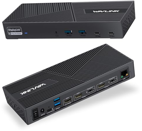 WAVLINK Estación de Acoplamiento Displaylink USB C Universal Docking Station con 3 × HDMI, 2X DP, 100 W PD, Gigabit Ethernet, 6 × 10Gbps USB-A & C, Audio, micrófono, Compatible con Mac OS y Windows