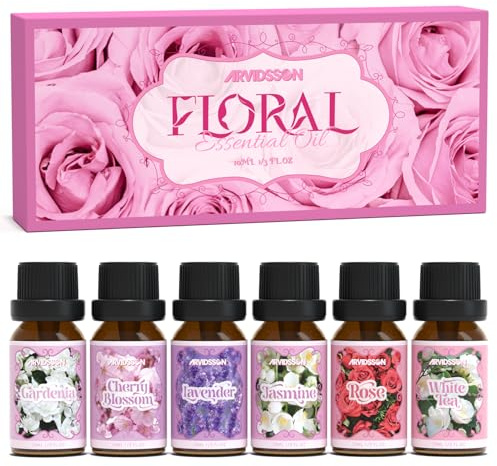 ARVIDSSON Floral Essential Oils Set, Natural Flower Essential Oil Gift for Women - Lavender, Jasmine, Cherry Blossom, Gardenia, White Tea, Rose, 6 x 10 mL