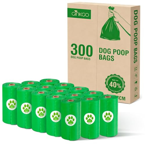 GINKGO 300 Pack Dog Poo Bags, 20 Rolls Poop Waste Pags, 100% Leak-Proof Extra Thick (Green)