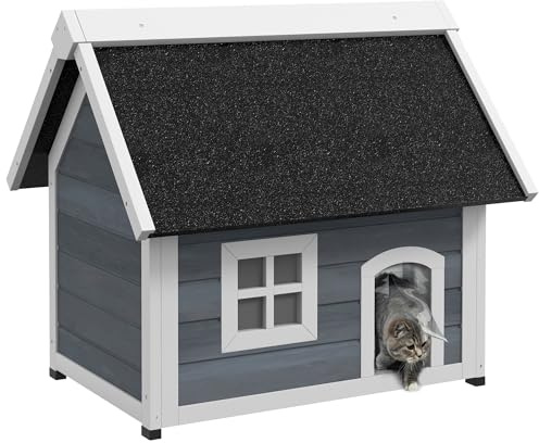 PawHut Casa para Gatos de Madera con Ventana 77x57,5x68 cm Gris y Negro