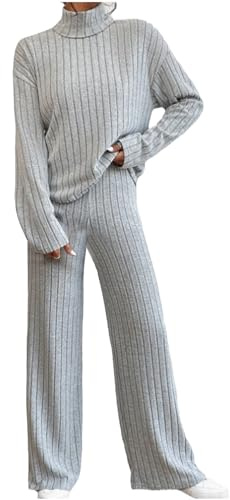 NZYIHAO Tuta da donna morbida in maglia a coste, per dormire e dormire, set invernale a maglia, elegante tinta unita, da jogging, in due pezzi, con scollo a V, per la casa + pantaloni larghi, #04