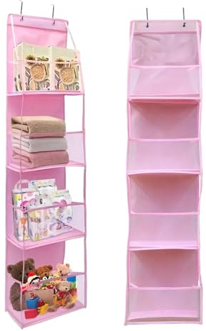 JASOLYI Over Door Organiser with 4 Clear Pockets, Hanging Storage, Pink | Clear front pockets for easy viewing, Ideal for organising light daily essentials in closets, bedrooms, bathrooms or dorms.