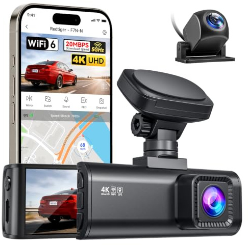 REDTIGER F7N-N Dash Cam Auto 4K Fronte e Retro, WiFi 5.8GHz 20MB/s con APP, Dashcam 2160P/FHD GPS Preciso, WDR, Schermo 3.18, Visione Notturna, Monitor Parcheggio 24H (Senza Scheda)