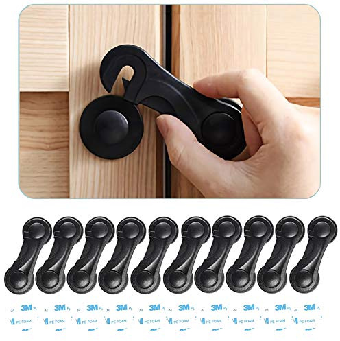 Child Safety Cabinet Locks (10 Pack) - Baby Proofing Latches Lock for Drawers, Toilet Seat, Fridge, Oven with 10 Extra 3M Adhesives (Black)