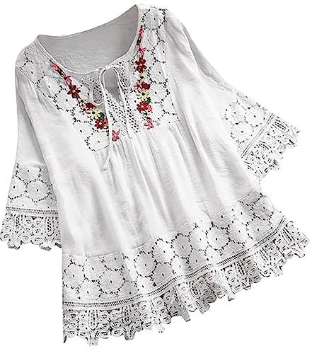 WINDEHAO Chemisier en coton et lin pour femmes de grande taille S-5XL ,chemises élégantes en dentelle de fleurs brodées,Chemise à lacets creux (blanc, S)