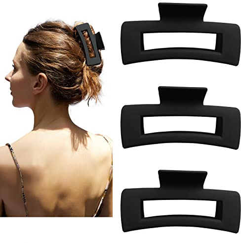 Nalodu Hair Claw Clips Large Square 4 Inch Matte No Slip Big Rectangle Jaw Clip Clamp for Thick Hair Women, 3 Pack Black